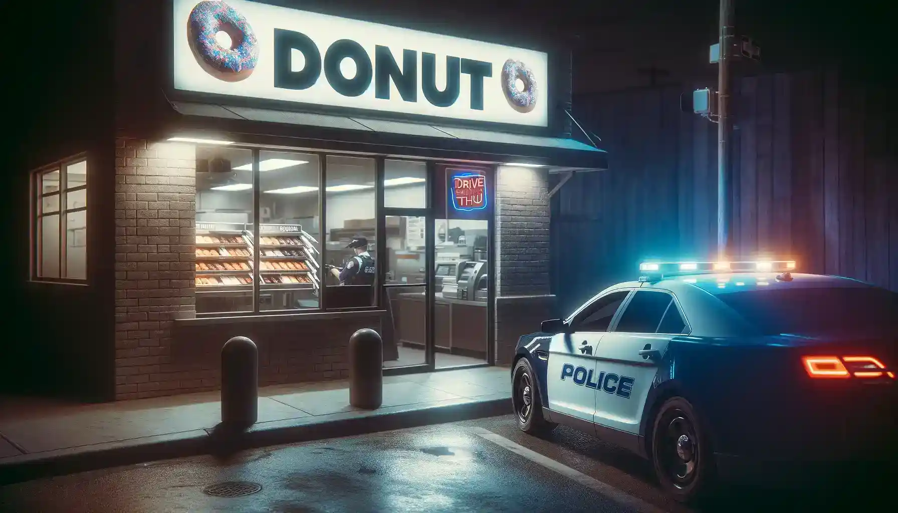 police car parking in front of a donut shop