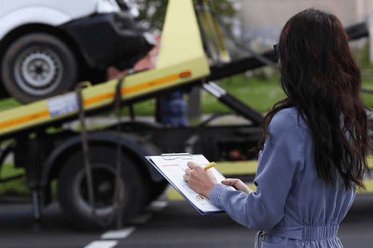 Lawyer inspecting a truck accident.