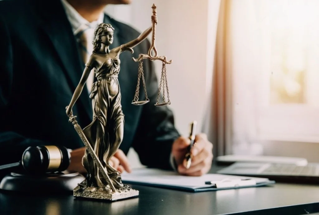 Statue of Lady Justice on a personal injury lawyer's desk, symbolizing fairness and the pursuit of justice in legal matters.