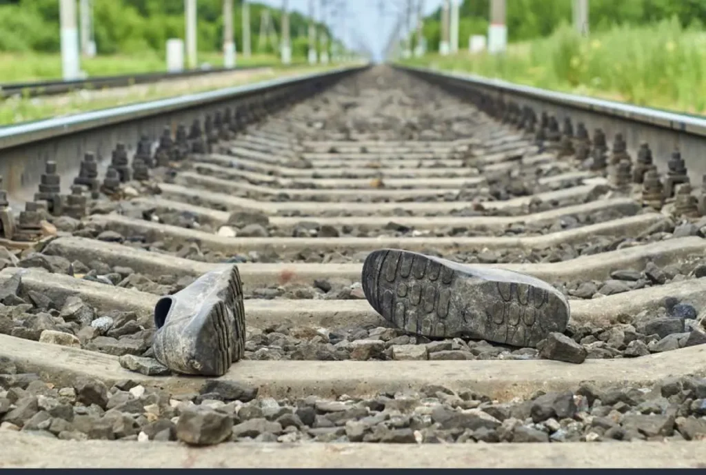 Un par de zapatos sobre las vías del tren que indican un accidente ferroviario, relevante para demandas por lesiones personales.