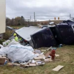 Two trucks involved in a fatal accident, with one truck's contents destroyed due to the crash, highlighting the severity of truck collisions and relevant for personal injury claims.