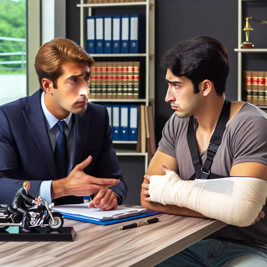 Attorney and injured client discuss motorcycle crash claims in a professional law office. The Hispanic client shows visible injuries, while the Caucasian lawyer reviews legal documents. A miniature motorcycle model on the desk emphasizes the case's focus. The scene portrays a serious consultation about seeking compensation for a motorcycle accident.