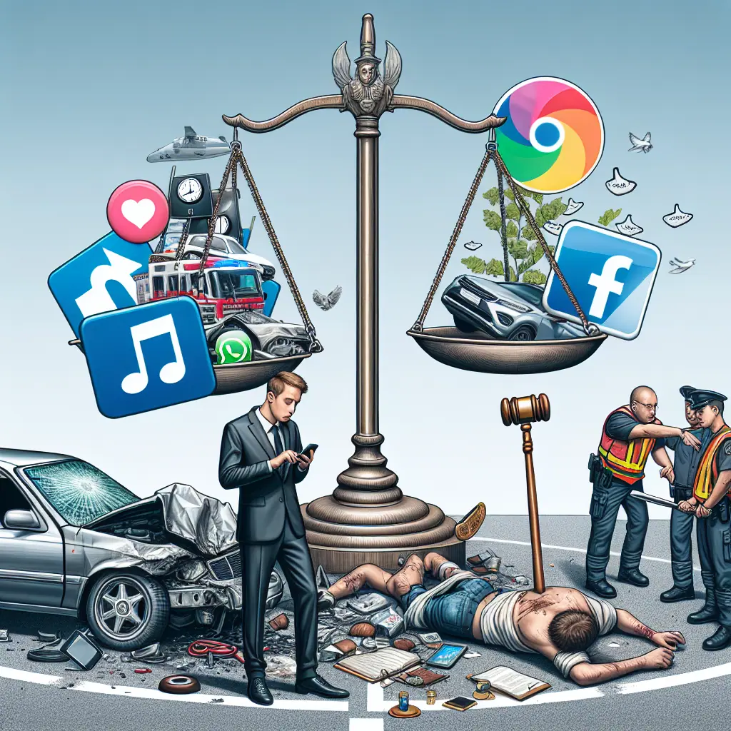 Image illustrating the dangers of social media use after an accident. It shows a car crash scene on one side and a courtroom on the other, connected by a central figure using a smartphone. Social media icons hover ominously, emphasizing how online posts can impact legal outcomes following an accident.