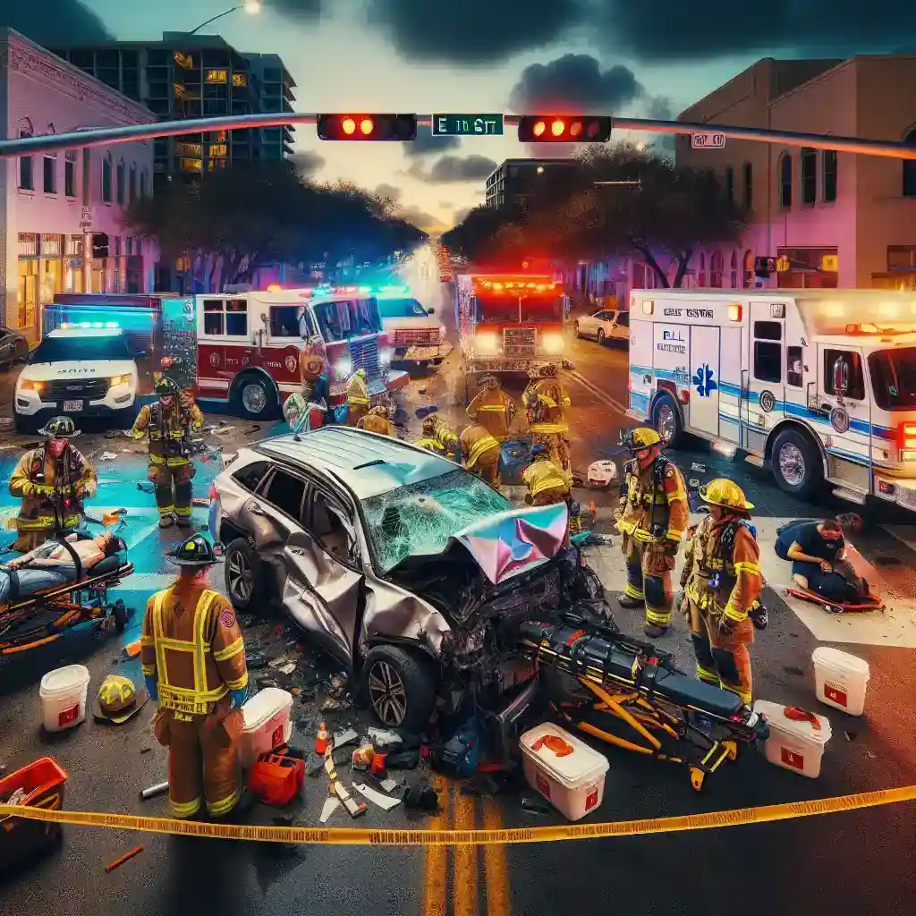 A dramatic nighttime scene at the intersection of East 7th Street and Comal Street in Austin, Texas, depicting the aftermath of a serious injury in single-vehicle crash. The image conveys the urgency and complexity of the rescue operation following this severe accident in East Austin.