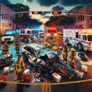 A dramatic nighttime scene at the intersection of East 7th Street and Comal Street in Austin, Texas, depicting the aftermath of a serious injury in single-vehicle crash. The image conveys the urgency and complexity of the rescue operation following this severe accident in East Austin.