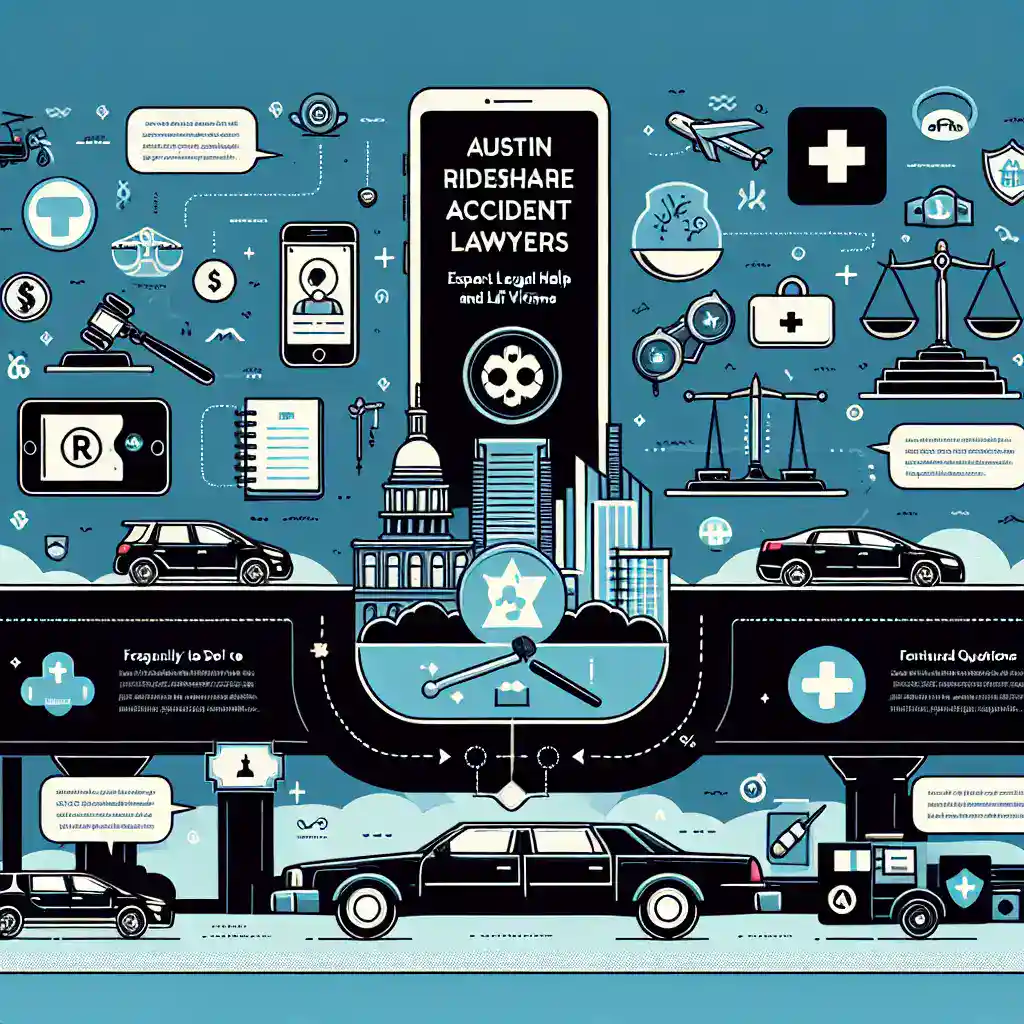 Key aspects of legal assistance from expert Austin rideshare accident lawyers available for the accident victims in Austin, incorporating elements such as icons of cars and smartphones, scales of justice and a gavel, the Austin skyline, and symbols for medicine and insurance.