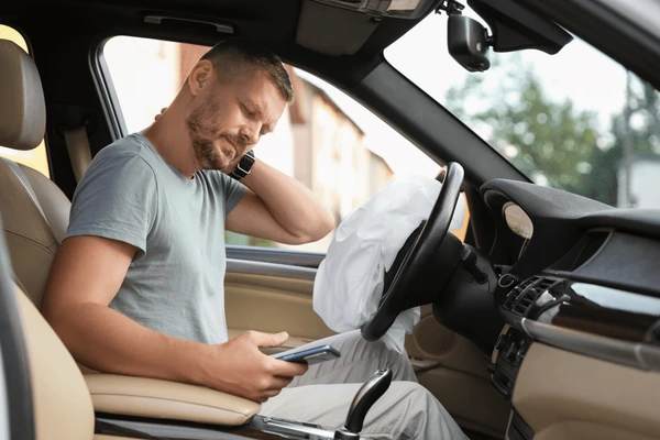 Male driver acquiring neck injury from an airbag defect accident.