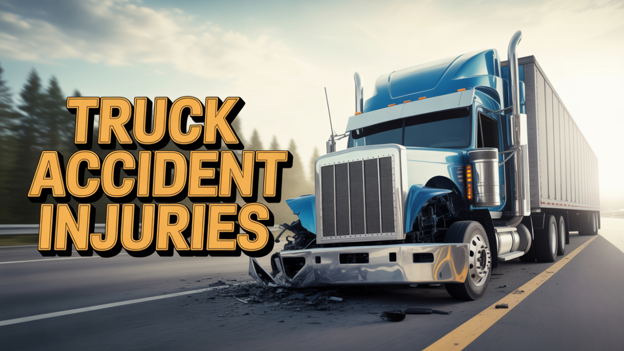 Realistic photo. A severely damaged semi-truck is positioned on the right side of the frame, with its front end crumpled against a blurred highway background. The text 'Truck Accident Injuries' is placed in the lower-left corner, rendered in a bold yellow font with a slight black outline for contrast. The overall style is cinematic, with a focus on the aftermath of the accident.