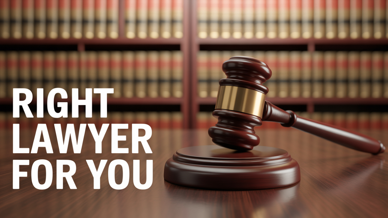 Realistic photo. In the lower-left, bold white text reads 'Right Lawyer For YOU'. A gleaming gavel rests diagonally across the frame, its head near the upper-right corner and handle extending to the lower-left, symbolizing legal authority. The background features a blurred, stately law library with shelves of leather-bound books, creating an atmosphere of knowledge and tradition.