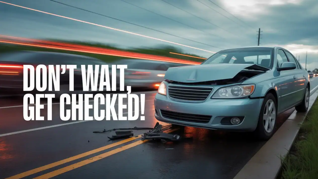 Realistic photo. A slightly damaged car sits on the side of a road, with its front bumper crumpled. The background shows blurred traffic and a cloudy sky, creating a sense of urgency. The text 'Don't Wait, Get Checked!' is positioned on the middle-left, in a bold, white sans-serif font to grab attention. The overall style is cinematic and high-quality, emphasizing the importance of the message.