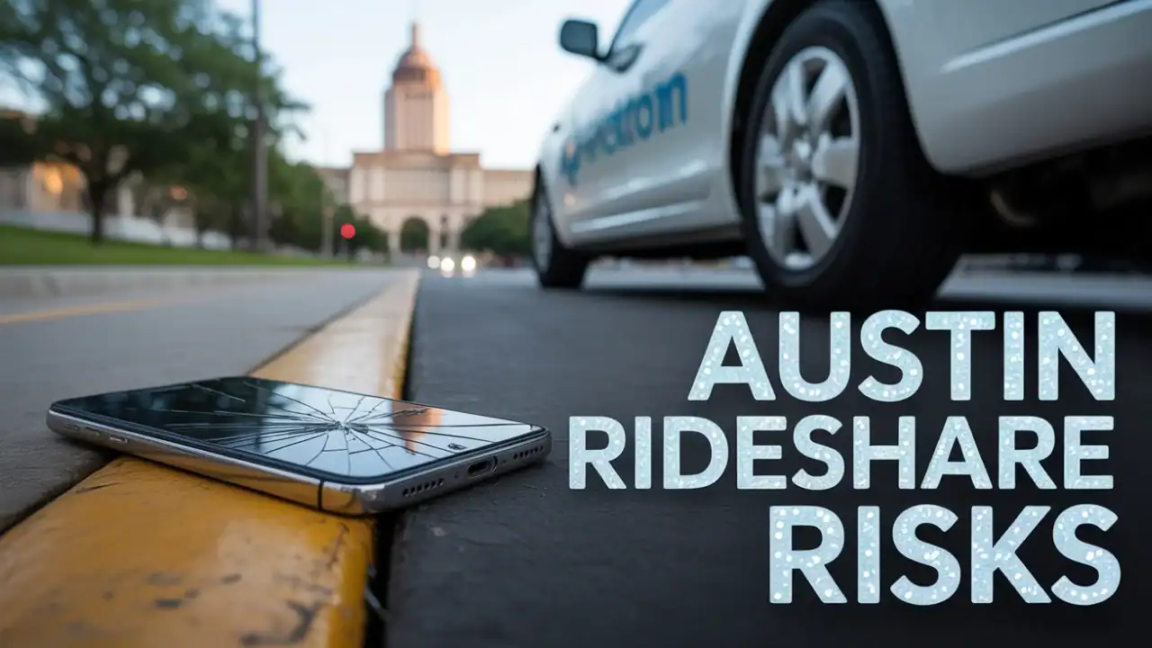 Realistic photo. A cracked smartphone screen lies on the pavement next to a rideshare car, with the Austin Capitol building subtly visible in the background. The text 'Austin Rideshare Risks' is positioned in the lower-right corner in a sparkling, glittery blue font. The overall image has a slightly desaturated, cinematic high-quality visuals to convey a sense of danger and caution.