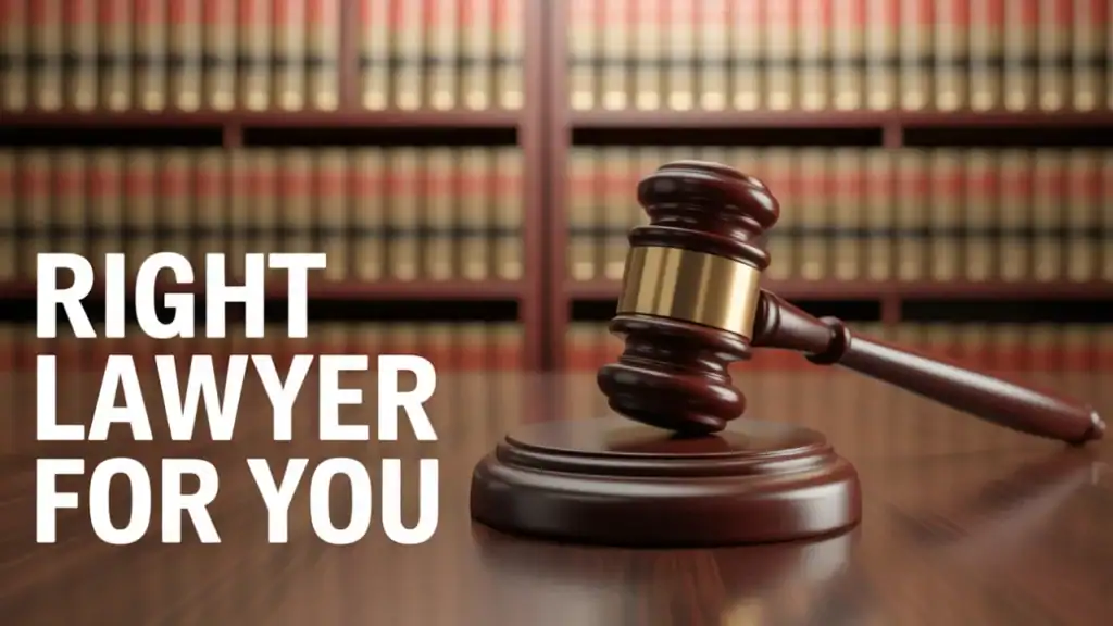 Realistic photo. In the lower-left, bold white text reads 'Right Lawyer For YOU'. A gleaming gavel rests diagonally across the frame, its head near the upper-right corner and handle extending to the lower-left, symbolizing legal authority. The background features a blurred, stately law library with shelves of leather-bound books, creating an atmosphere of knowledge and tradition.