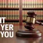 Realistic photo. In the lower-left, bold white text reads 'Right Lawyer For YOU'. A gleaming gavel rests diagonally across the frame, its head near the upper-right corner and handle extending to the lower-left, symbolizing legal authority. The background features a blurred, stately law library with shelves of leather-bound books, creating an atmosphere of knowledge and tradition.
