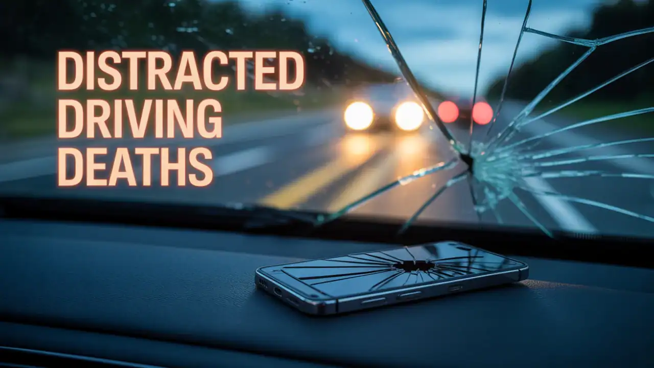Realistic photo of a cracked windshield with a blurred view of a highway at night. In the upper-left corner, the text 'Distracted Driving Deaths' is displayed in bold, red letters with a slight glow effect. In the foreground, a shattered phone screen lies on the dashboard, partially visible. The background shows oncoming headlights blurred by the cracked glass, creating a sense of disorientation. The overall style is cinematic and high-quality, emphasizing the danger of distracted driving.
