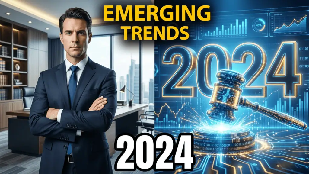 A confident attorney in professional attire stands in a modern law office, with bold yellow and red text reading "EMERGING TRENDS" and large 3D "2024" text below. This thumbnail represents key trends in personal injury law to watch in the coming year.