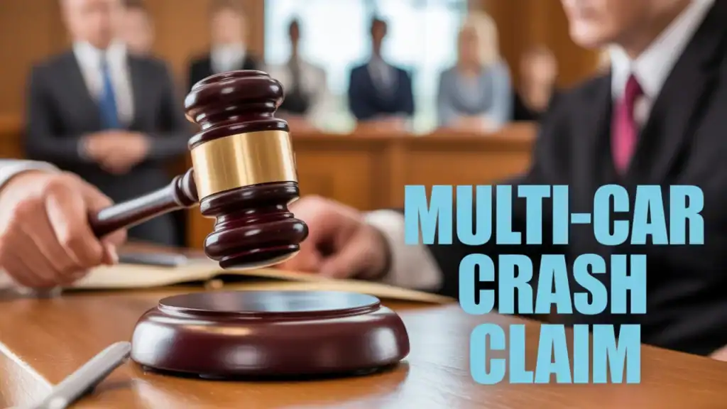 Realistic photo. A close-up shot of a gavel slamming down on a sound block in a courtroom. The background is slightly blurred, showing lawyers and jury members. In the lower-right corner, bright blue text states 'Multi-Car Crash Claim'.