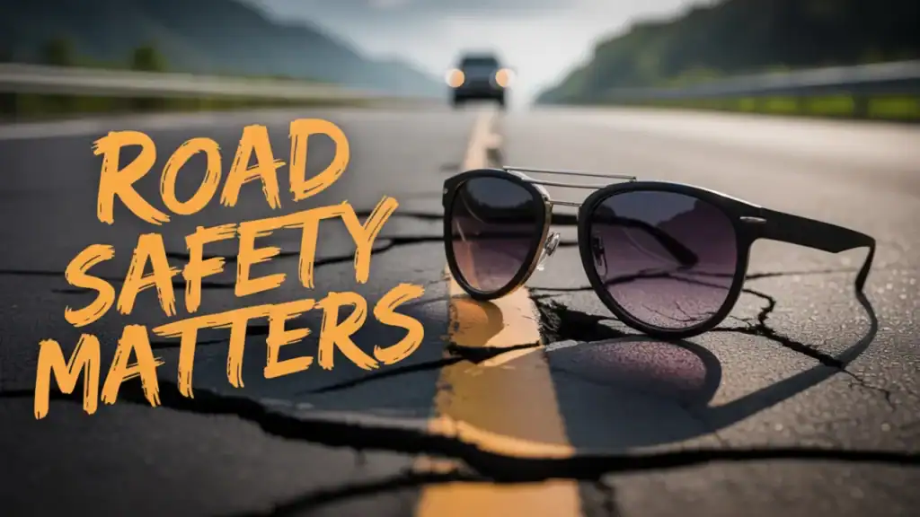 Realistic photo of a pair of broken sunglasses lying on cracked asphalt, with skid marks visible in the background. The text 'Road Safety Matters' is positioned in the middle-left in handwritten-style orange font. The background features a blurred view of a highway with a silhouette of a distant vehicle. The visual style is hyperrealistic, with detailed textures and dramatic lighting to convey the serious message.