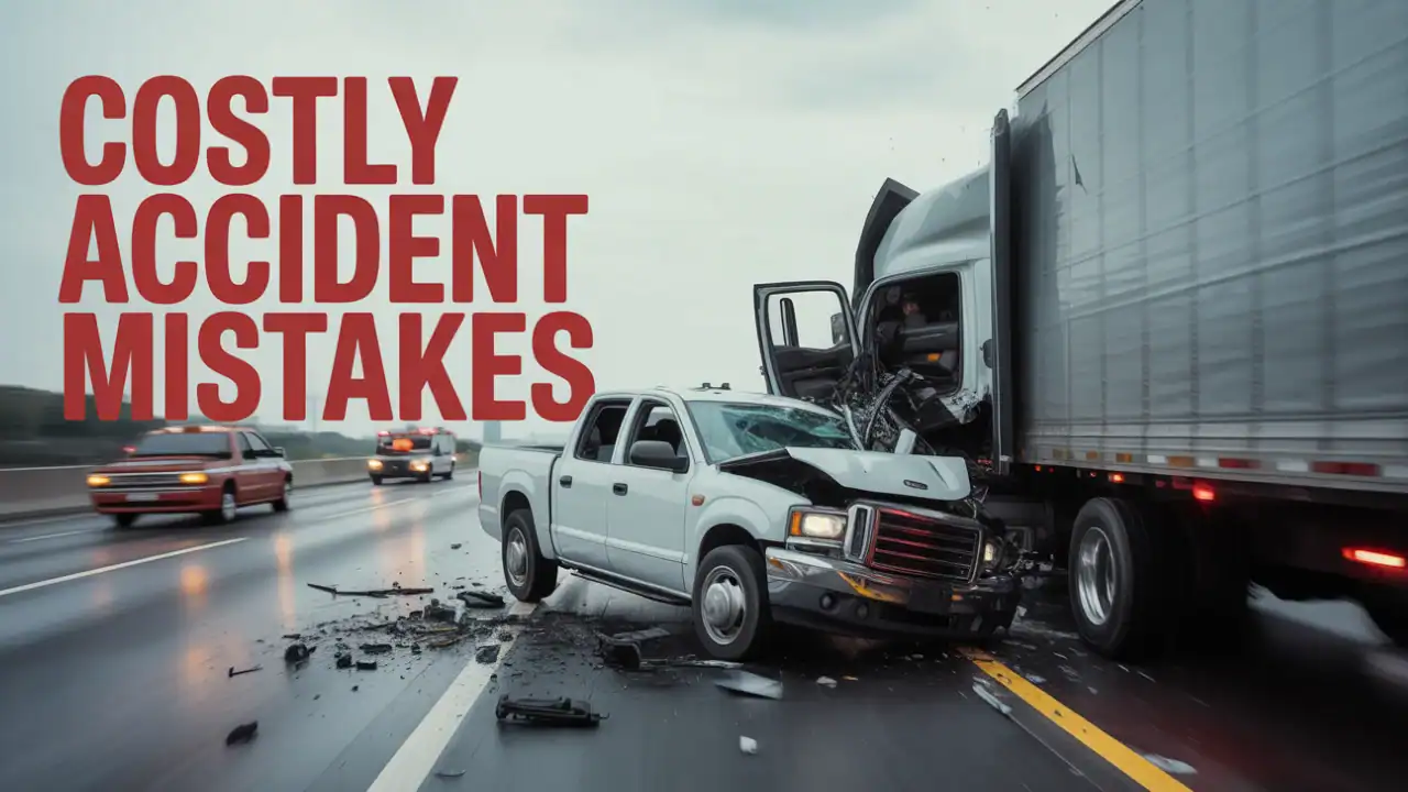 Realistic photo. In the middle-left of the frame, bold red text reads 'Costly Accident Mistakes'. The foreground features a wrecked pickup truck after colliding with a semi-truck, with debris scattered around. The background shows a highway scene with blurred traffic and emergency vehicles. The visual style is dramatic and high-contrast, emphasizing the severity of the accident.