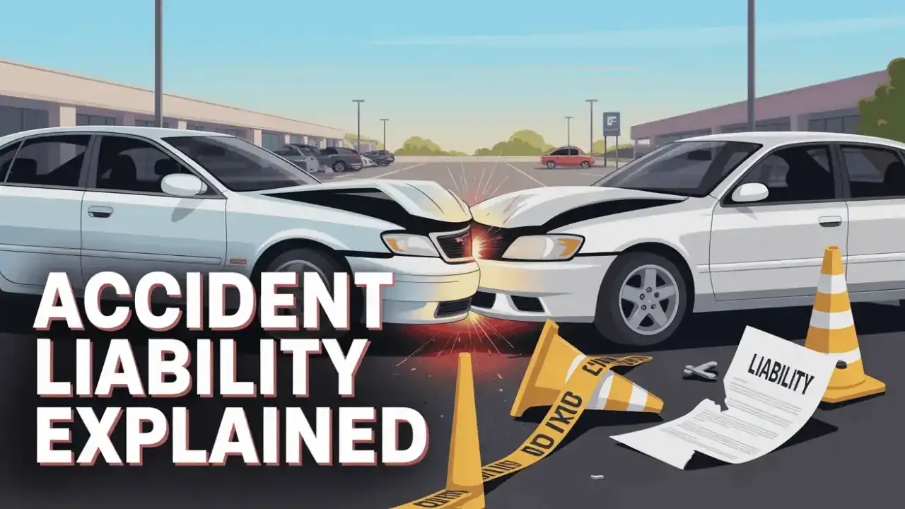A realistic scene of two sedans in a front-end collision in a Texas shopping center parking lot, with a dented hood, twisted bumper, flying sparks, police tape, a tipped traffic cone, and a shredded 'LIABILITY' document. Bold white text with a red outline in the lower-left reads 'ACCIDENT LIABILITY EXPLAINED'.