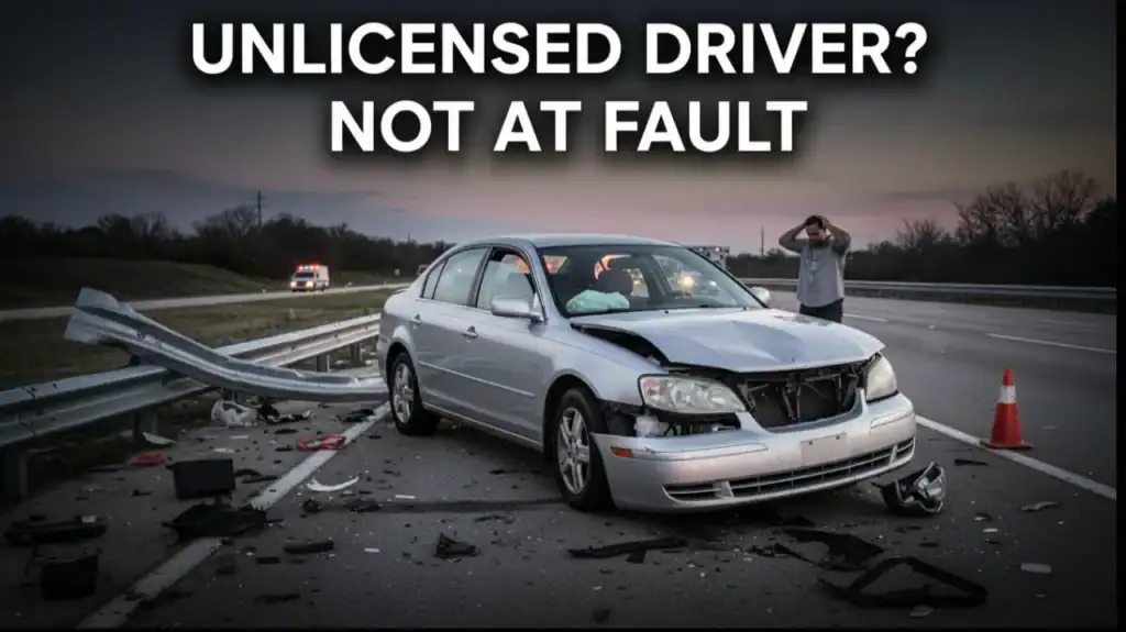 A man with a crashed sedan showing front bumper damage and broken headlights. Highlighting a scene of an unlicensed driver in an accident not at fault.