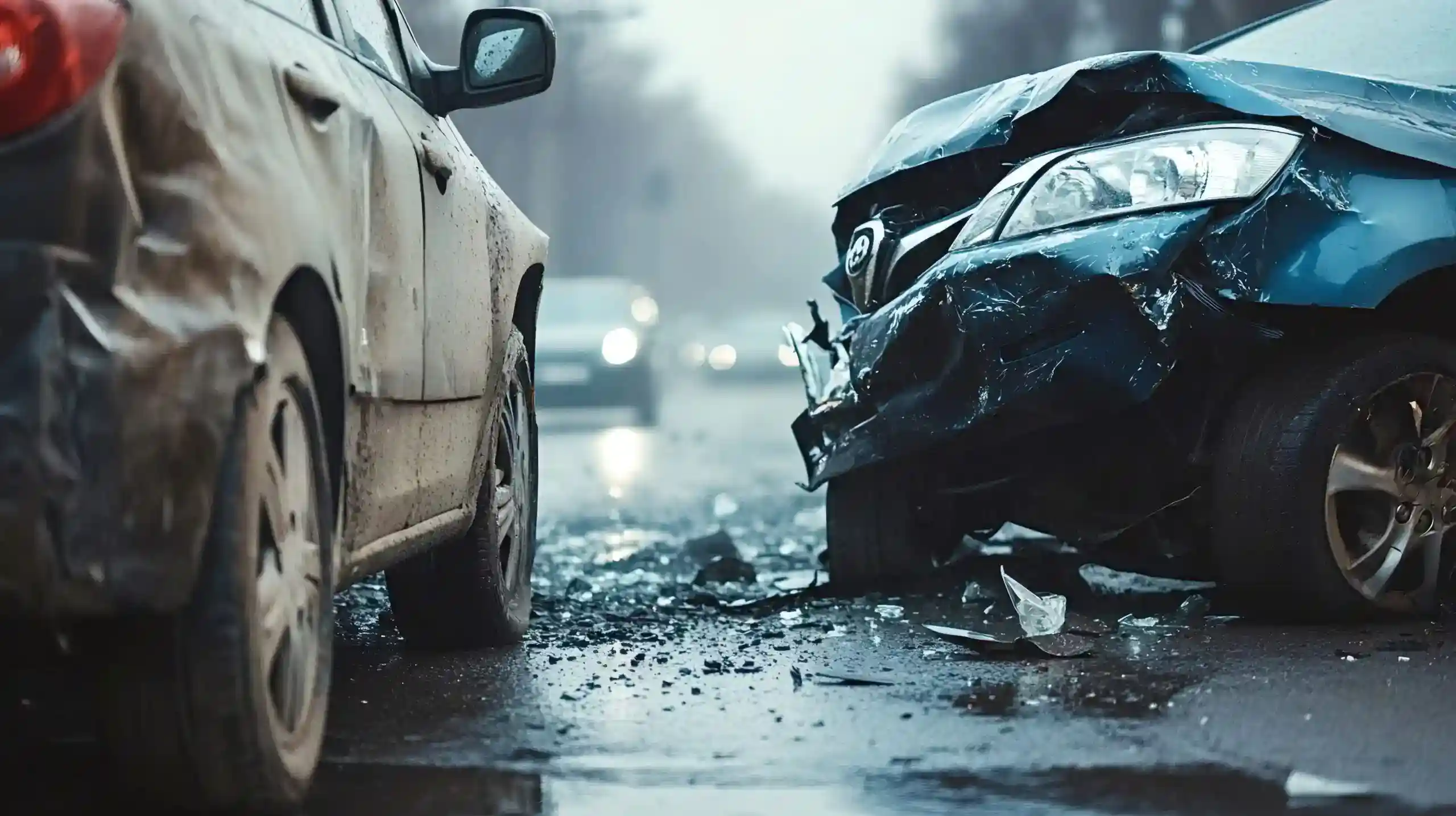 Two damaged cars after traffic accident on wet asphalt road