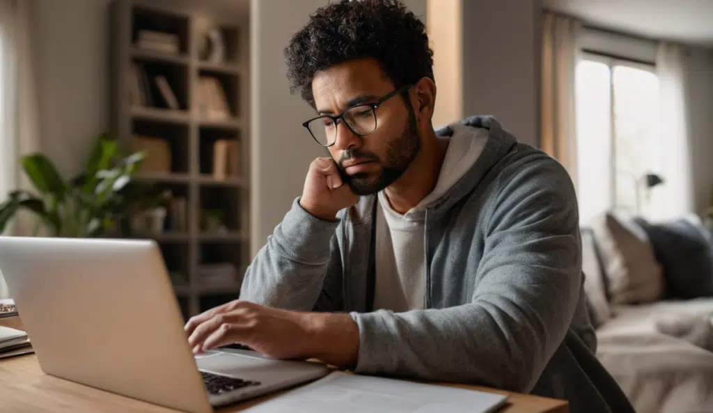A person researching options on a laptop while deciding how to choose an accident lawyer.