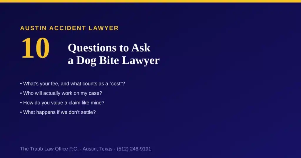 10 questions to ask a dog bite lawyer: fee structure and costs, who actually works on your case, how they value a claim, and what happens if the case does not settle.