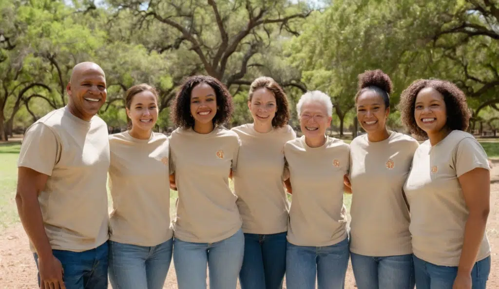 A diverse group of volunteers smiling together at a community event in Austin, Texas.