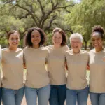 A diverse group of volunteers smiling together at a community event in Austin, Texas.