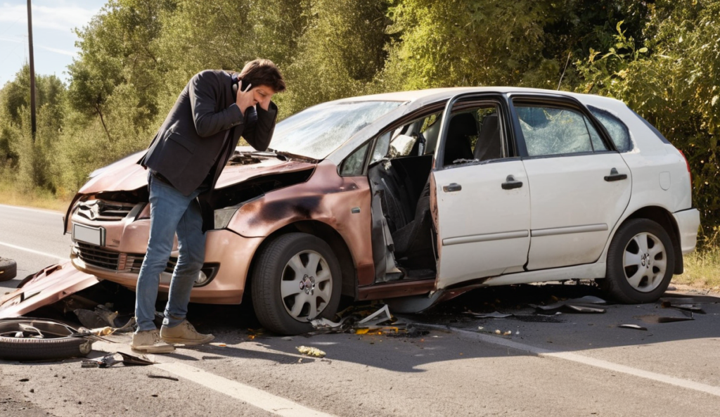 A person making a phone call beside a damaged car after a crash.