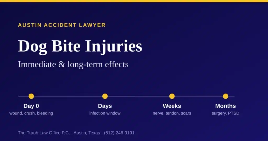 Timeline of dog bite injuries from the day of the bite through months later: wound and crush injuries on day 0, infection risk over the following days, nerve, tendon and scar injuries over weeks, and surgery or post-traumatic stress over months.