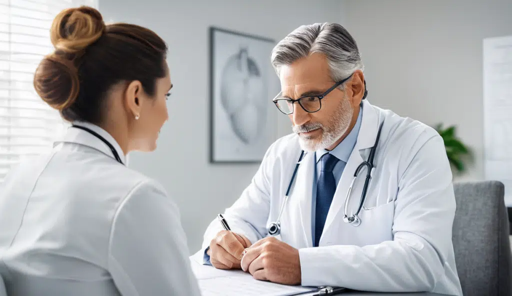 A doctor compassionately consulting with a patient about facial scarring treatment.