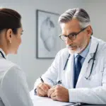 A doctor compassionately consulting with a patient about facial scarring treatment.
