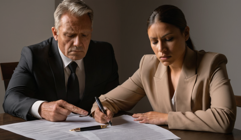 A client and attorney reviewing a legal contract, considering whether to change legal representation.