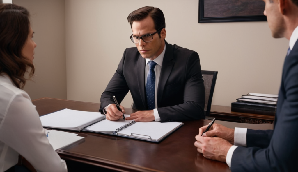 An attorney attentively taking notes during a free injury case evaluation with a client.