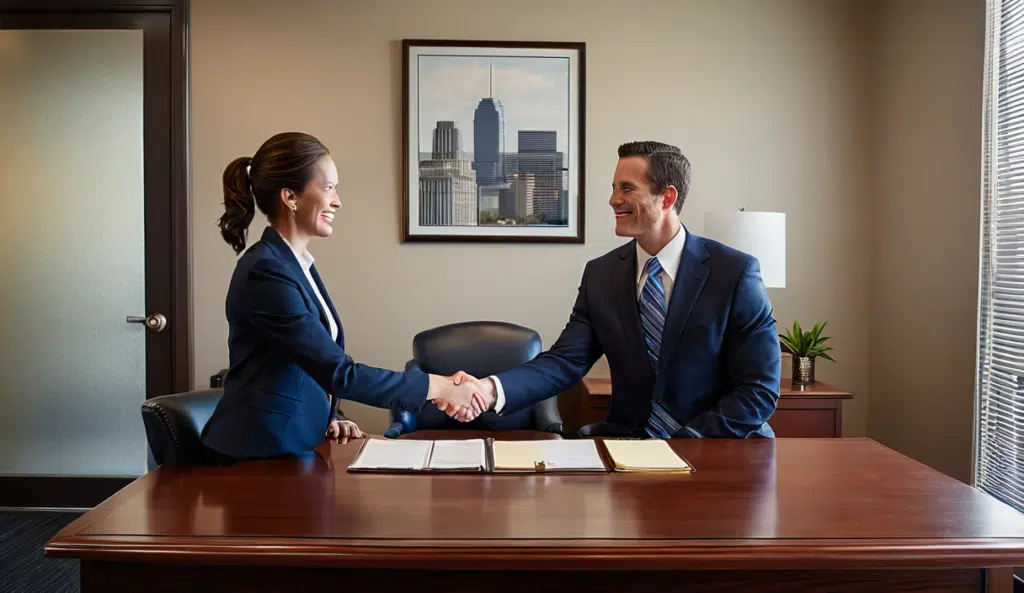 An attorney shaking hands with a client during a free consultation at an Austin personal injury law office.
