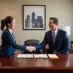 An attorney shaking hands with a client during a free consultation at an Austin personal injury law office.