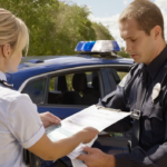A police officer handing an official accident report document to a driver at the roadside.
