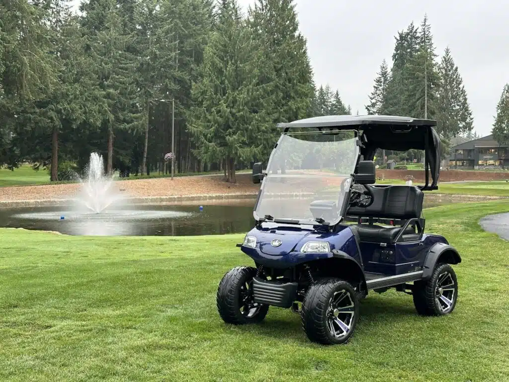 A golf cart parked on a golf course near a pond