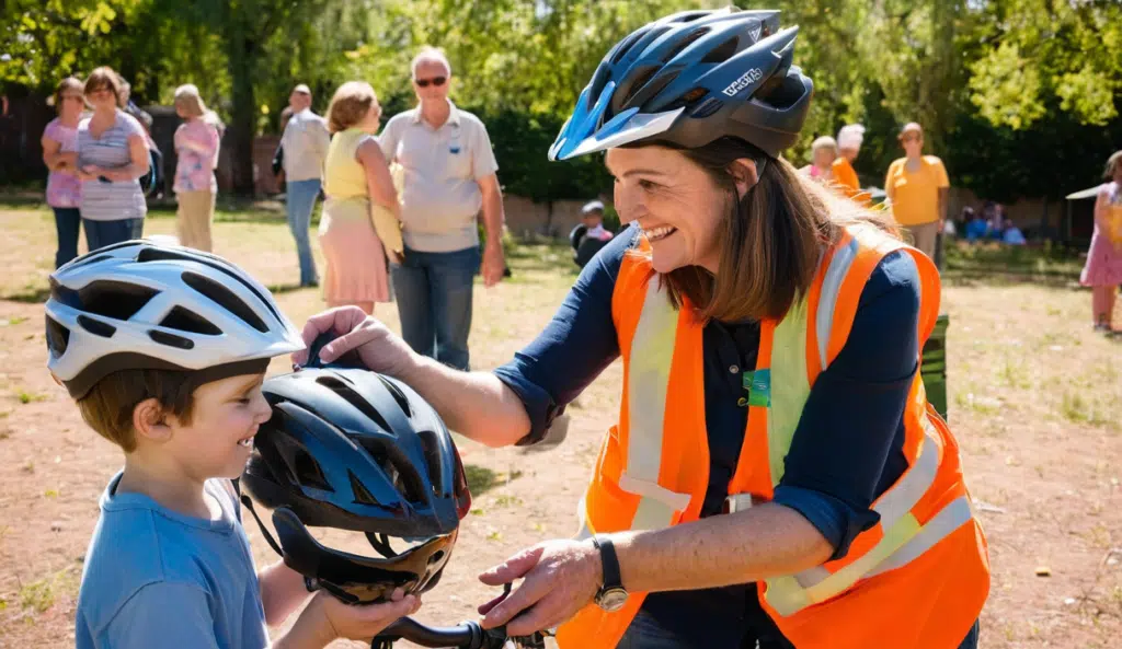 A volunteer handing a new bicycle helmet to a smiling child at a community safety event.