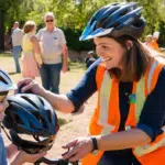 A volunteer handing a new bicycle helmet to a smiling child at a community safety event.