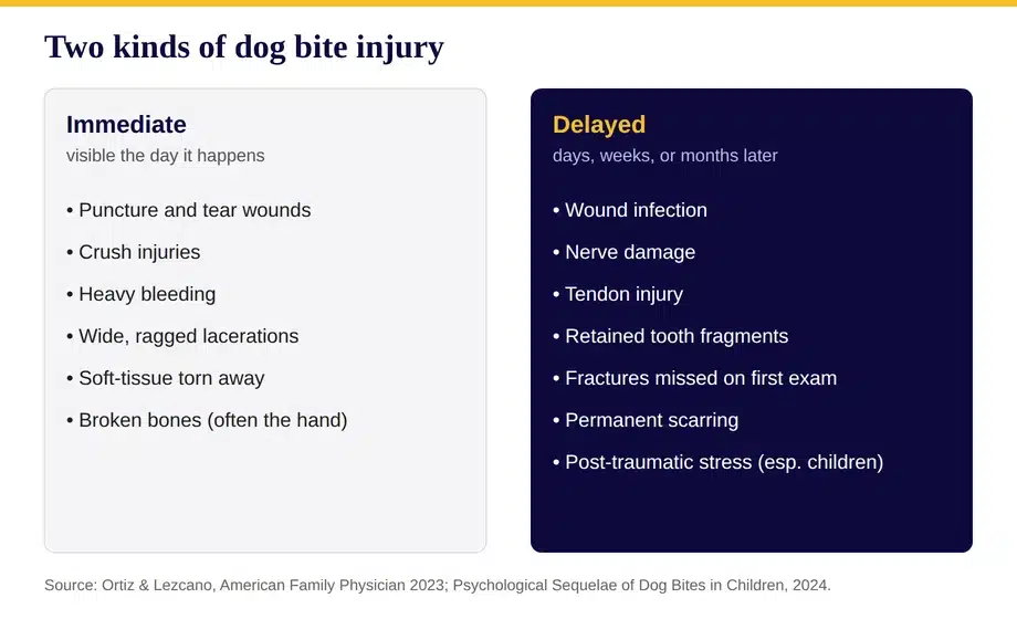 Comparison chart. Immediate dog bite injuries visible the day it happens: puncture and tear wounds, crush injuries, heavy bleeding, wide ragged lacerations, soft tissue torn away, broken bones often in the hand. Delayed injuries appearing days, weeks or months later: wound infection, nerve damage, tendon injury, retained tooth fragments, fractures missed on first exam, permanent scarring, and post-traumatic stress especially in children.
