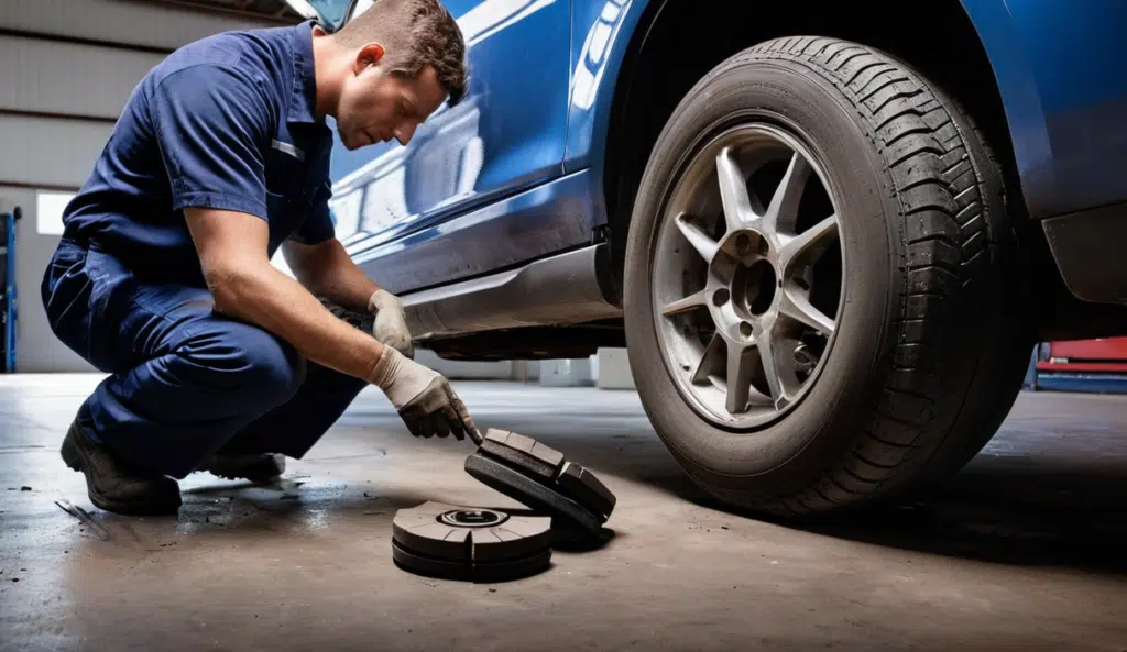 A mechanic inspecting worn brake pads and a damaged tire caused by improper vehicle maintenance.