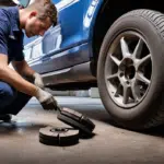 A mechanic inspecting worn brake pads and a damaged tire caused by improper vehicle maintenance.