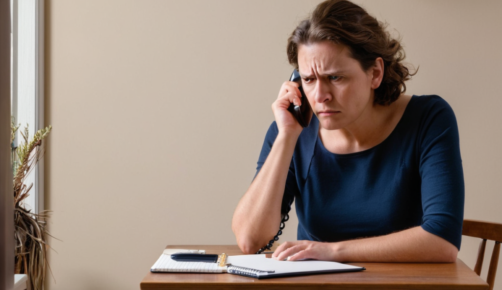 A wary person on a phone call with an insurance adjuster after an accident.