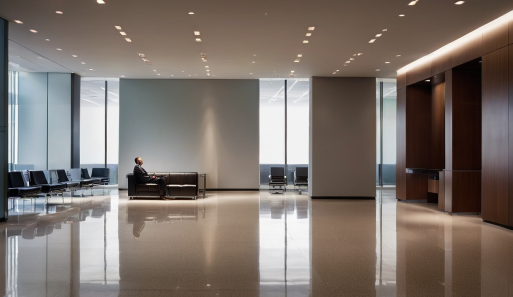A client sitting alone in a large, impersonal corporate law firm lobby, feeling overlooked.