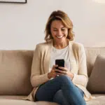 A happy client smiling while leaving an online review for the Traub Law Office on her smartphone.