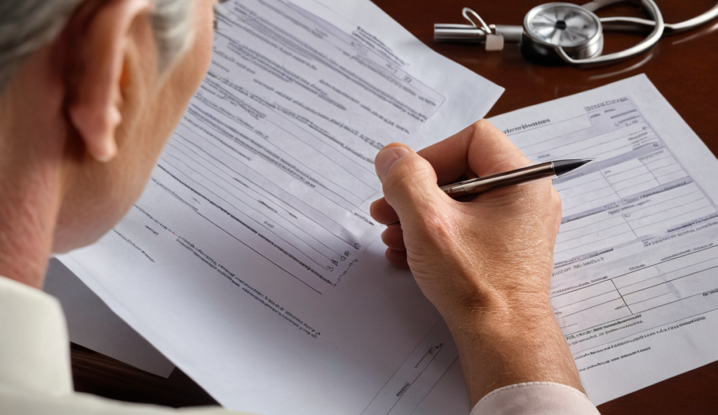 A person carefully reviewing and signing a confidential medical records release form.