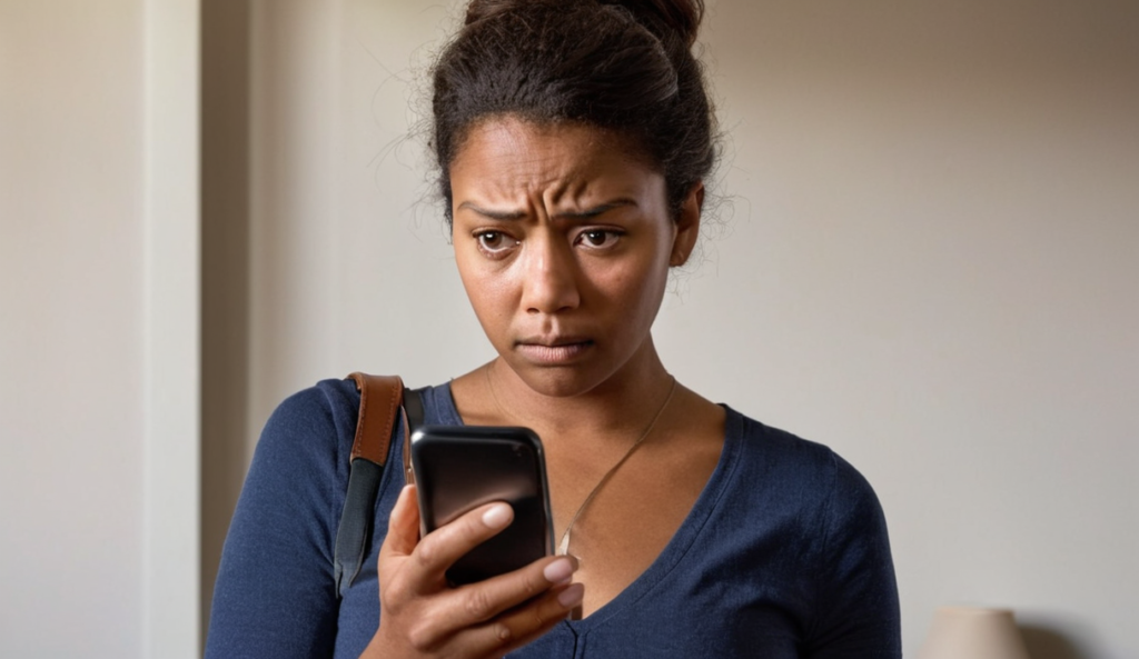A person looking wary and skeptical at an unknown incoming call on their phone.
