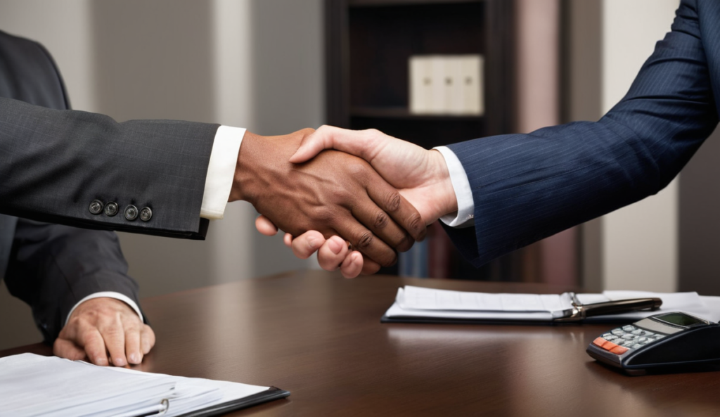 An attorney and client shaking hands, representing a no-fees-unless-we-win contingency agreement.